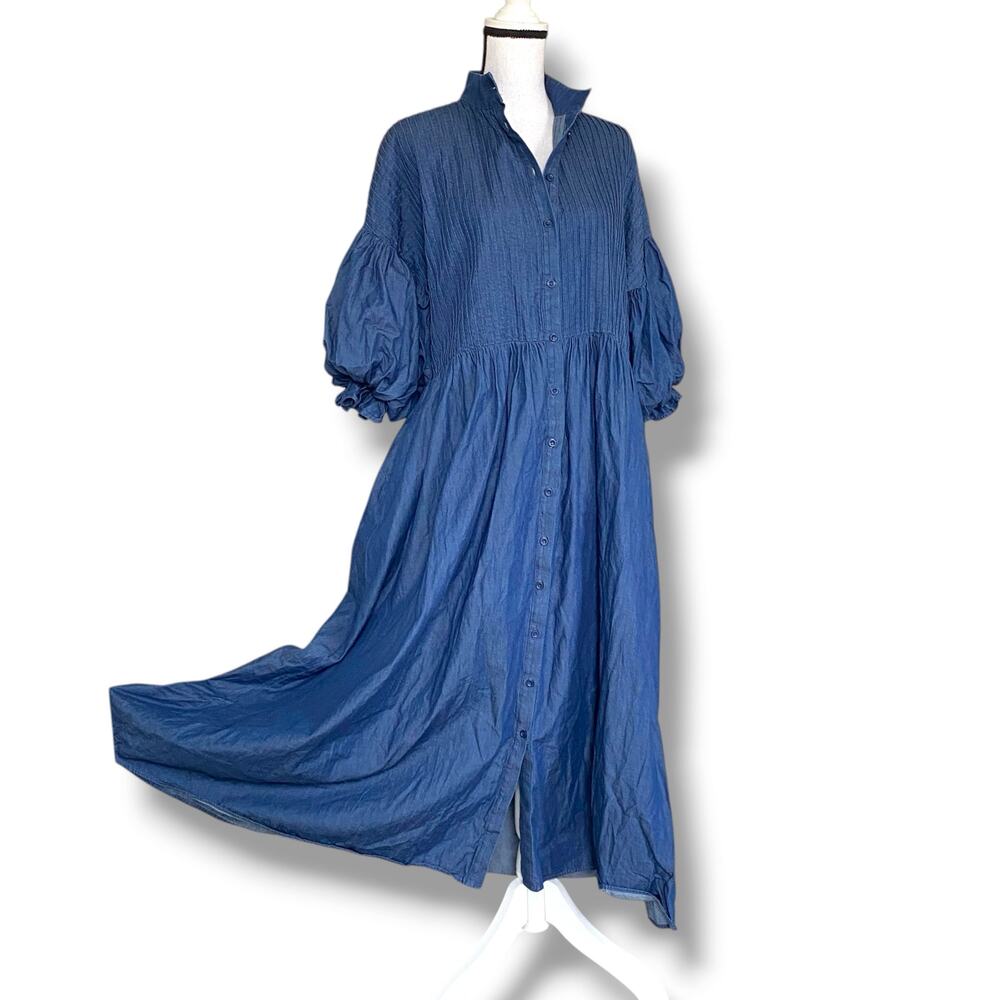 Marielle Amelo Phoebe Denim Midi Shirt Dress OS Dark Wash Blue Puff Sleeve